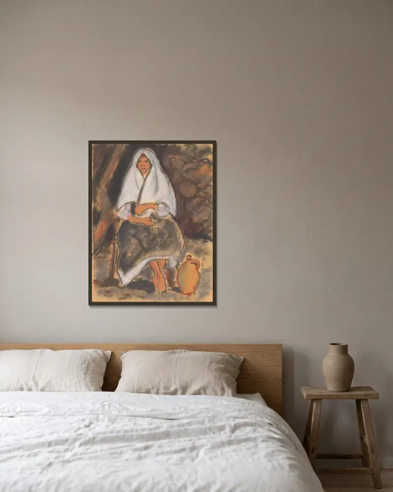 Sittande flicka med kruka av Zolo Palugyay inramad på en vägg