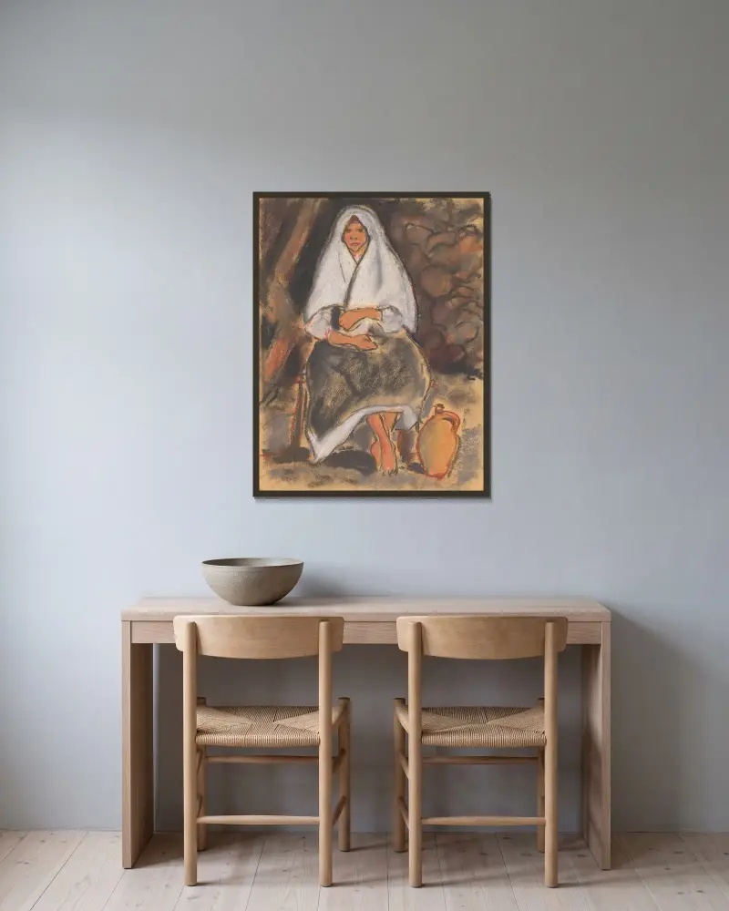 Sittande flicka med kruka av Zolo Palugyay inramad på en vägg