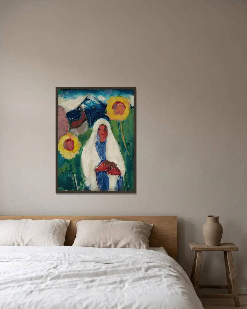 Sketch of a Woman among Sunflowers av Zolo Palugyay inramad på en vägg