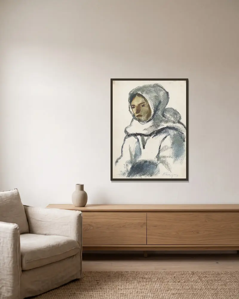 Studie eines Mädchens mit großem Winterschal von Zolo Palugyay gerahmt an einer Wand