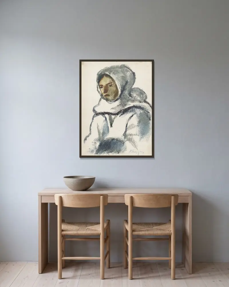 Studie eines Mädchens mit großem Winterschal von Zolo Palugyay gerahmt an einer Wand