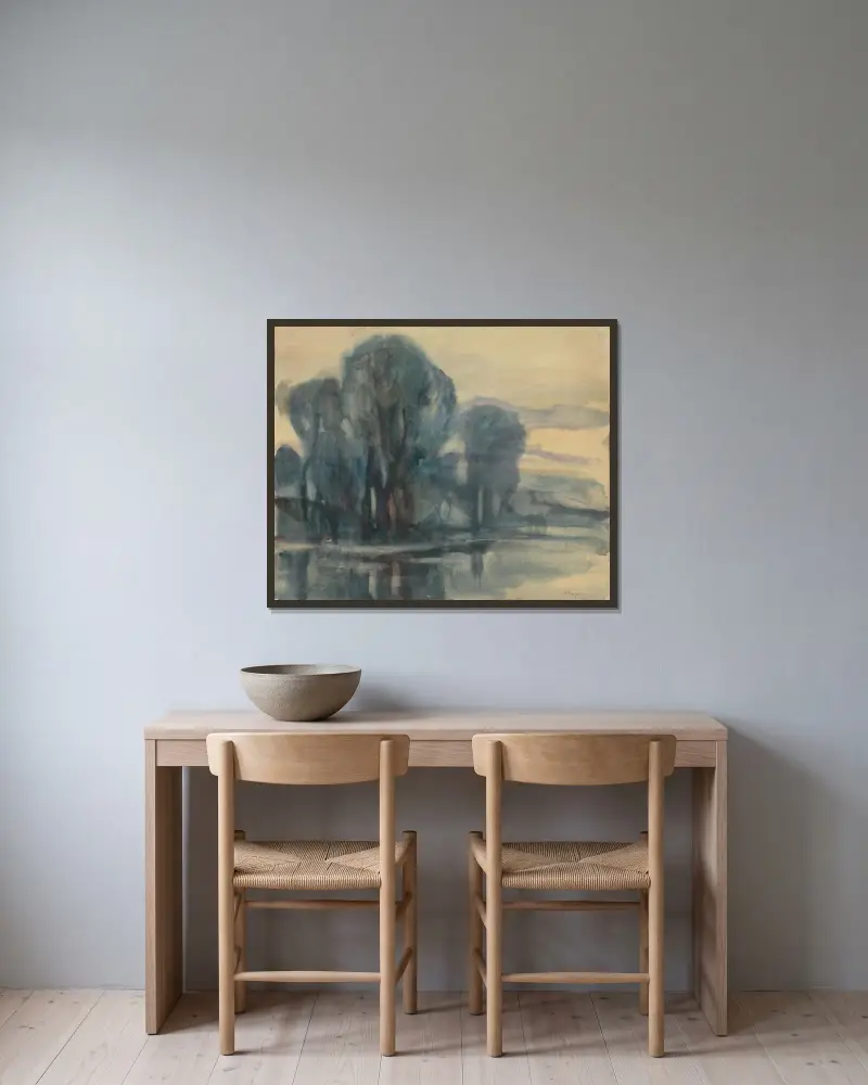 Träd vid floden av Zolo Palugyay inramad på en vägg