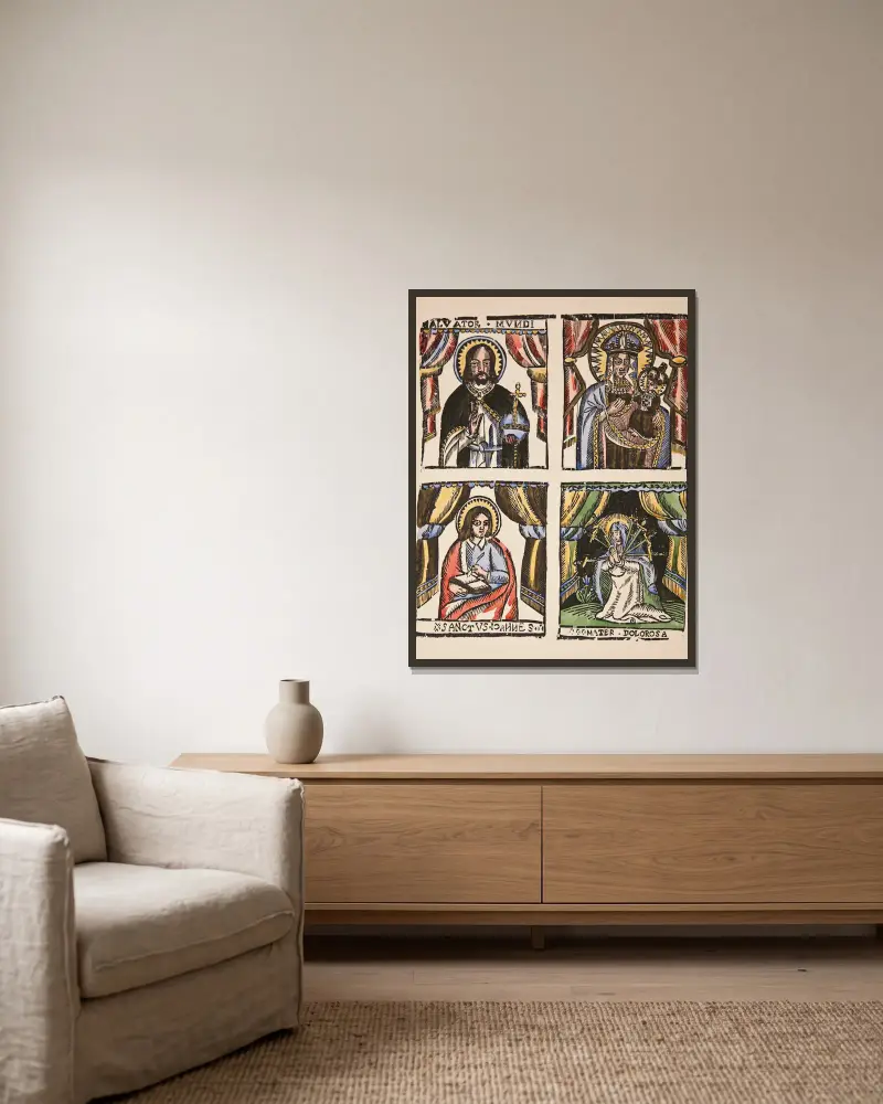 1. Salvator Mundi, 2. Our Lady of Częstochowa, 3. Saint John the Evangelist, 4. Mater Dolorosa av Zygmunt Łazarski inramad på en vägg