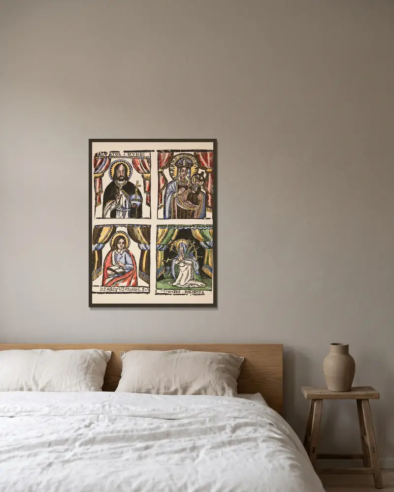 1. Salvator Mundi, 2. Our Lady of Częstochowa, 3. Saint John the Evangelist, 4. Mater Dolorosa av Zygmunt Łazarski inramad på en vägg