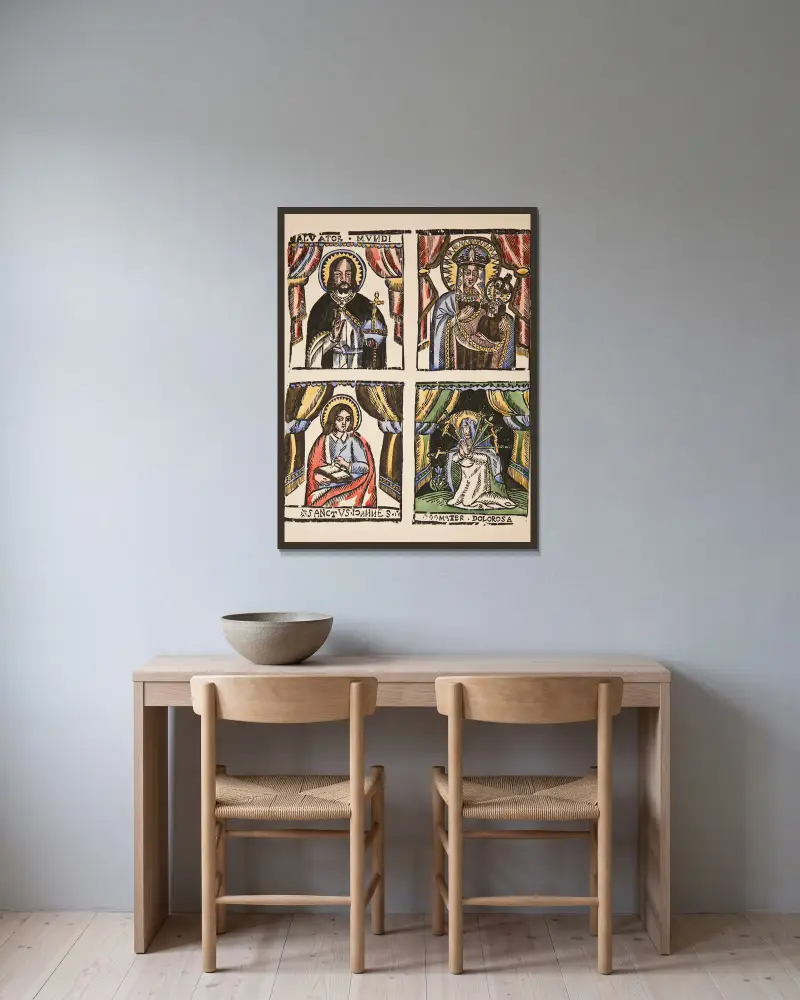 1. Salvator Mundi, 2. Our Lady of Częstochowa, 3. Saint John the Evangelist, 4. Mater Dolorosa av Zygmunt Łazarski inramad på en vägg