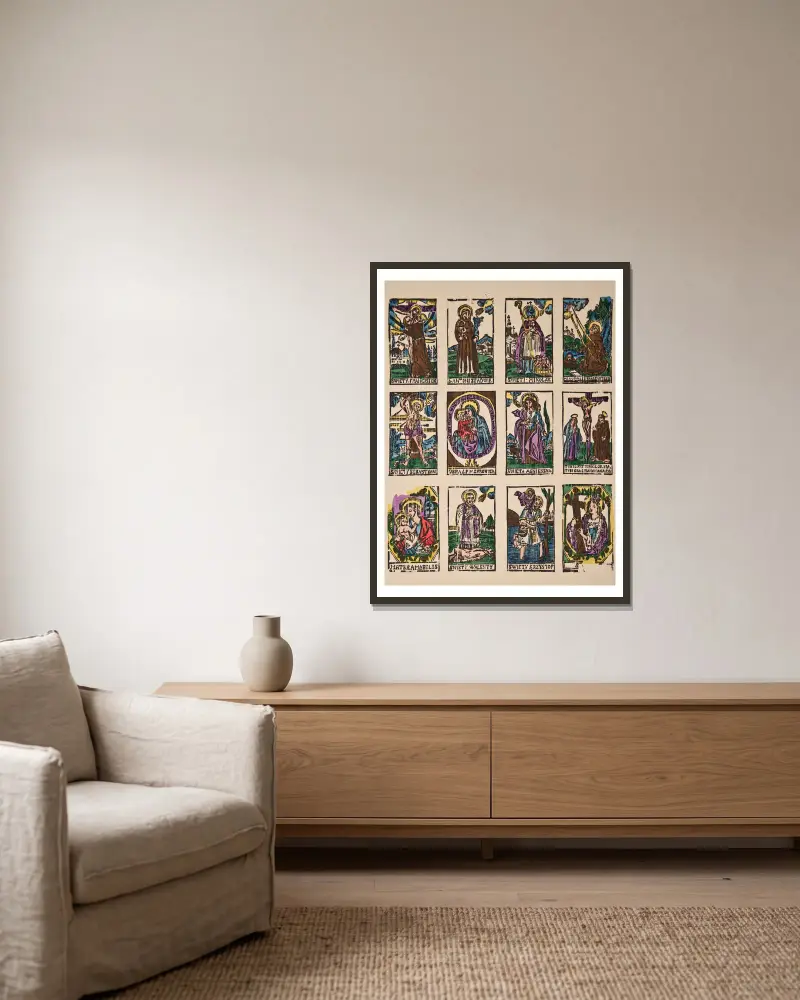 1. Vision of Sait Francis of Assissi, 2. Saint Anthony of Padua, 3. Saint Nicholas, 4. Stigmatisation of Sait Francis of Assissi, 5. Saint Sebastian… av Zygmunt Łazarski inramad på en vägg