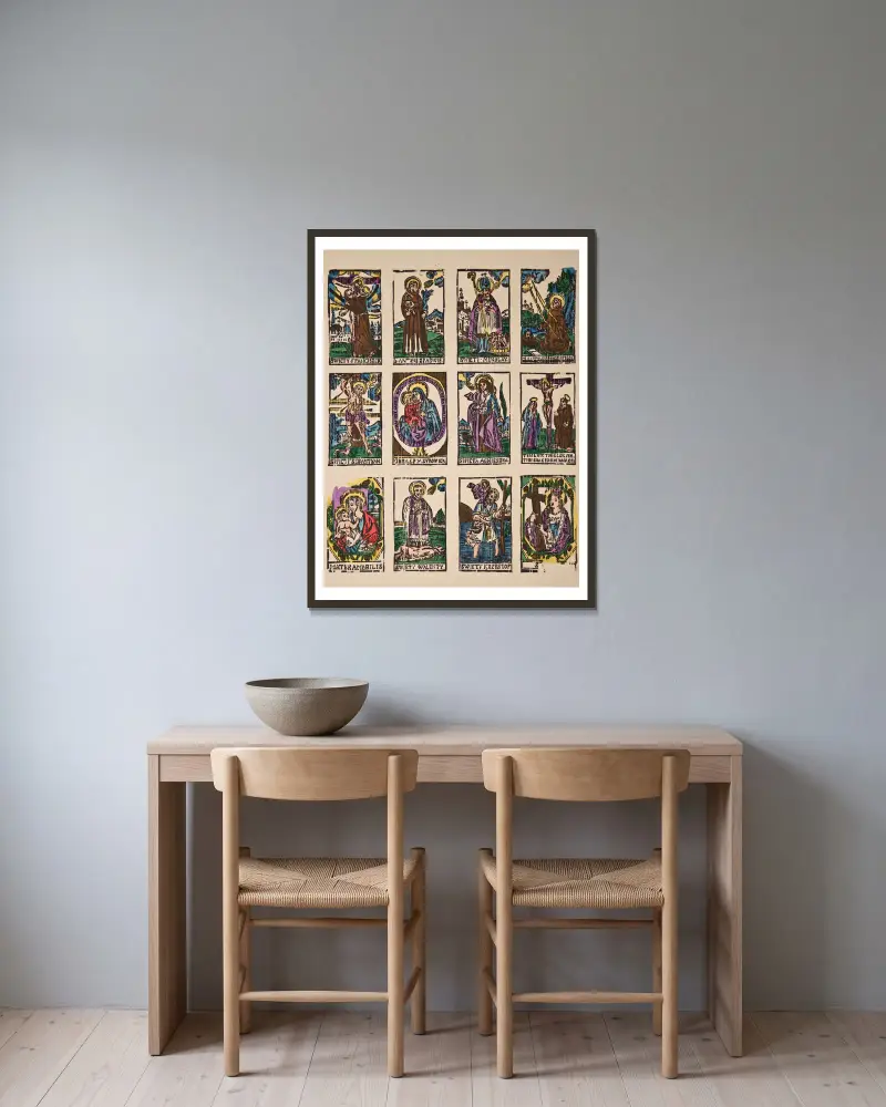 1. Vision of Sait Francis of Assissi, 2. Saint Anthony of Padua, 3. Saint Nicholas, 4. Stigmatisation of Sait Francis of Assissi, 5. Saint Sebastian… av Zygmunt Łazarski inramad på en vägg