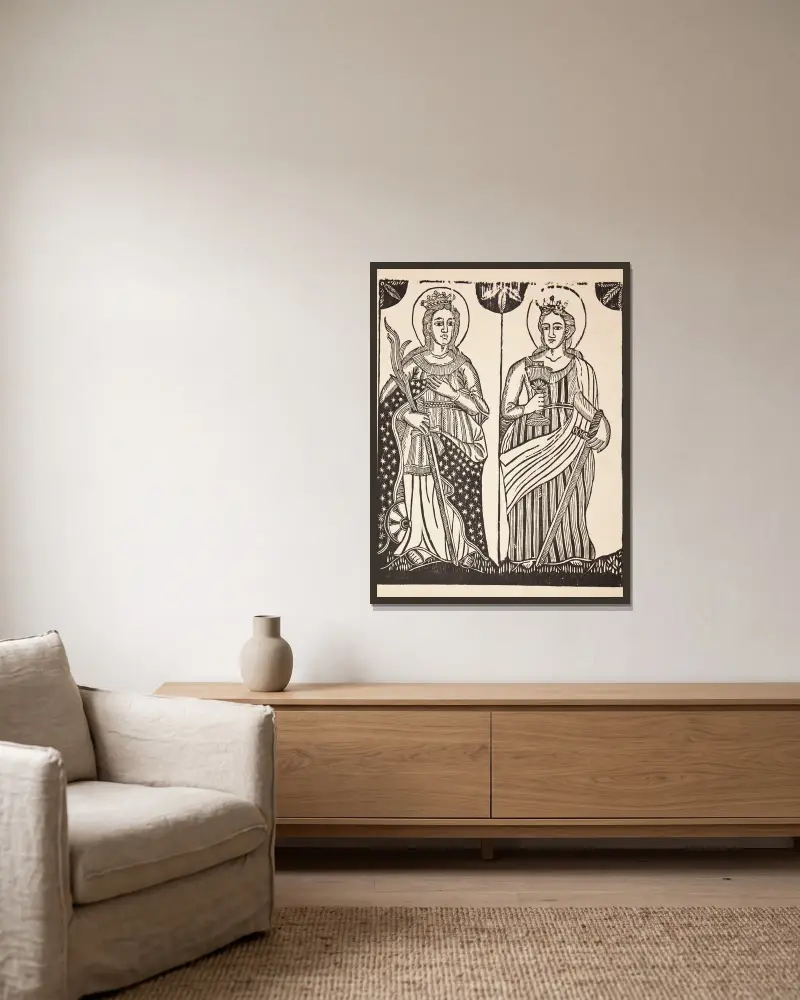 Saint Catherine and Saint Barbara av Zygmunt Łazarski inramad på en vägg