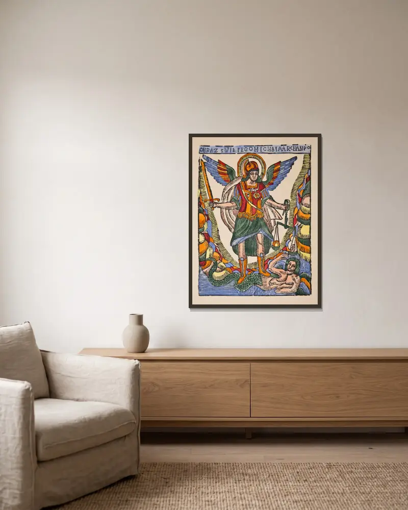 Saint Michael the Archangel av Zygmunt Łazarski inramad på en vägg