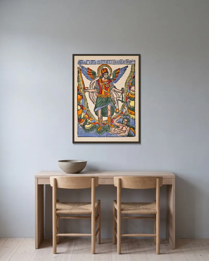 Saint Michael the Archangel av Zygmunt Łazarski inramad på en vägg