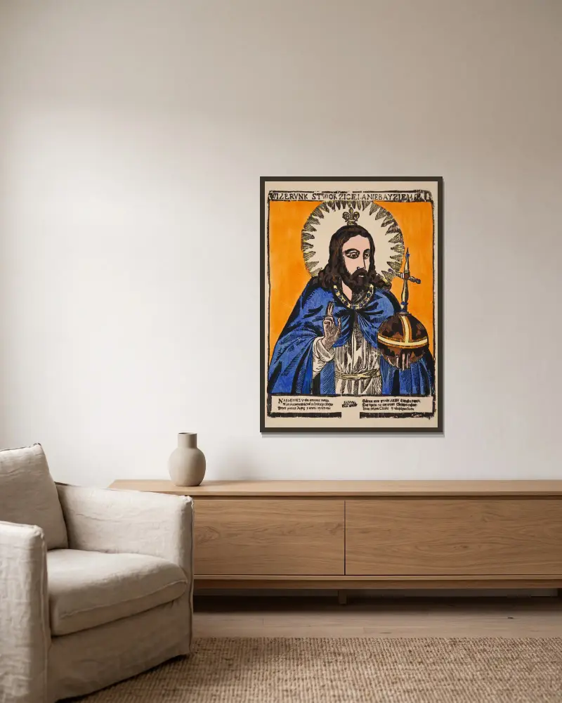 Salvator Mundi av Zygmunt Łazarski inramad på en vägg