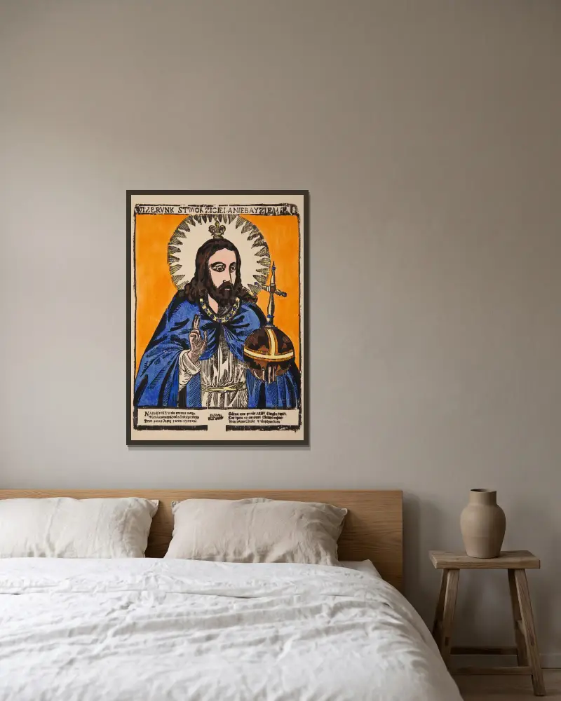 Salvator Mundi av Zygmunt Łazarski inramad på en vägg
