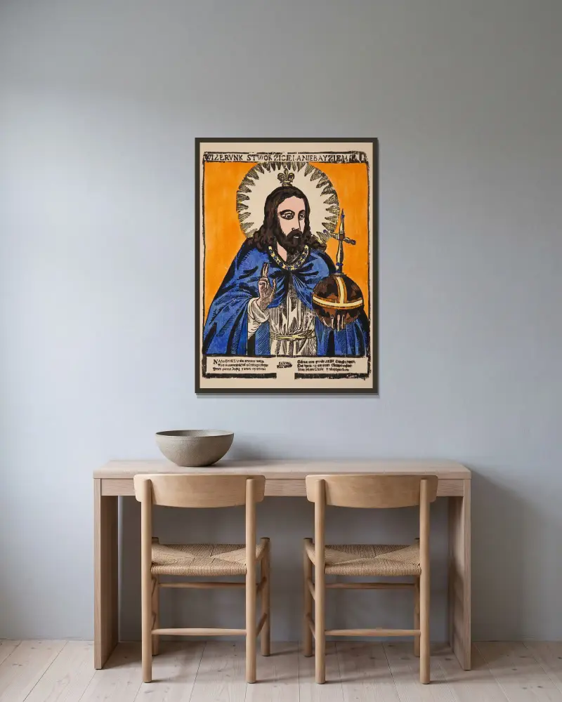 Salvator Mundi av Zygmunt Łazarski inramad på en vägg