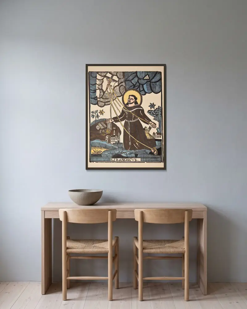 Stigmatisation of Saint Francis av Zygmunt Łazarski inramad på en vägg