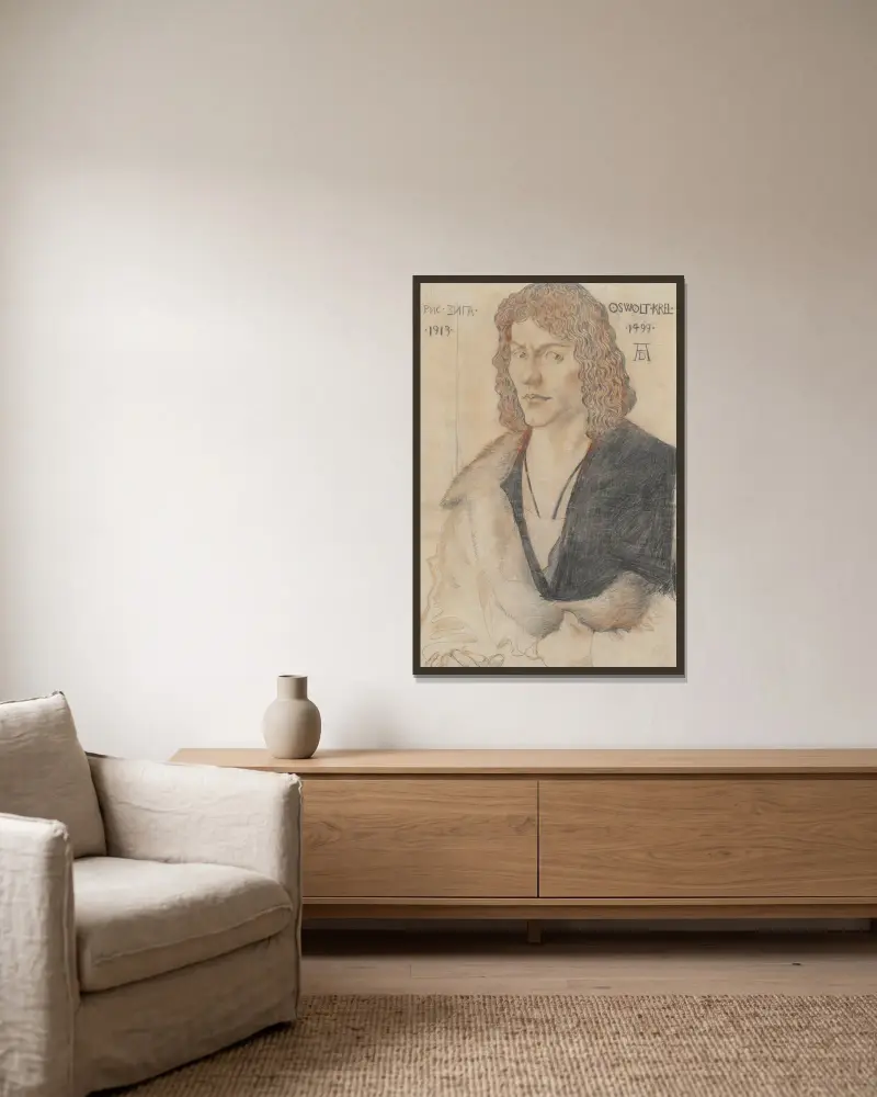 Portrait of Oswolt Krel, acc. to Dürer av Zygmunt Waliszewski inramad på en vägg