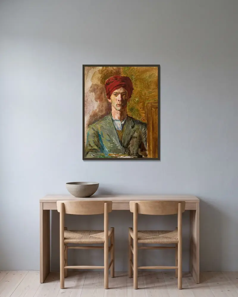 Självporträtt i turban av Zygmunt Waliszewski inramad på en vägg
