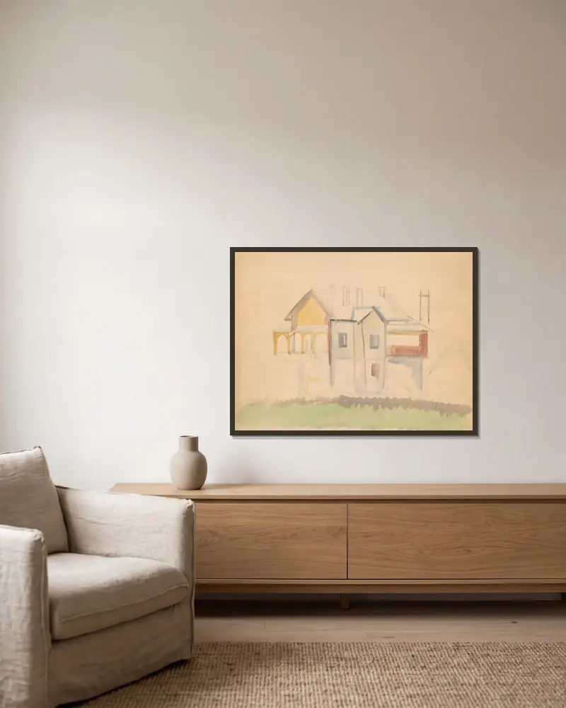 Sketch of buildings av Zygmunt Waliszewski inramad på en vägg