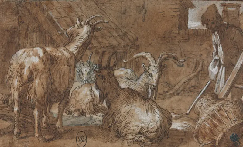 A Barnyard with Goats and a Goatherd av Abraham Bloemaert
