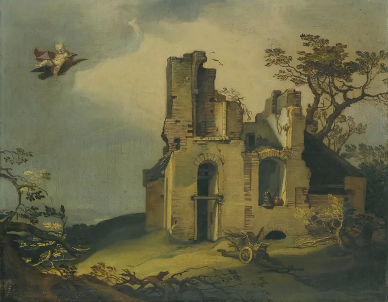 Landskap med ruiner, med bortförandet av Ganymedes av Abraham Bloemaert