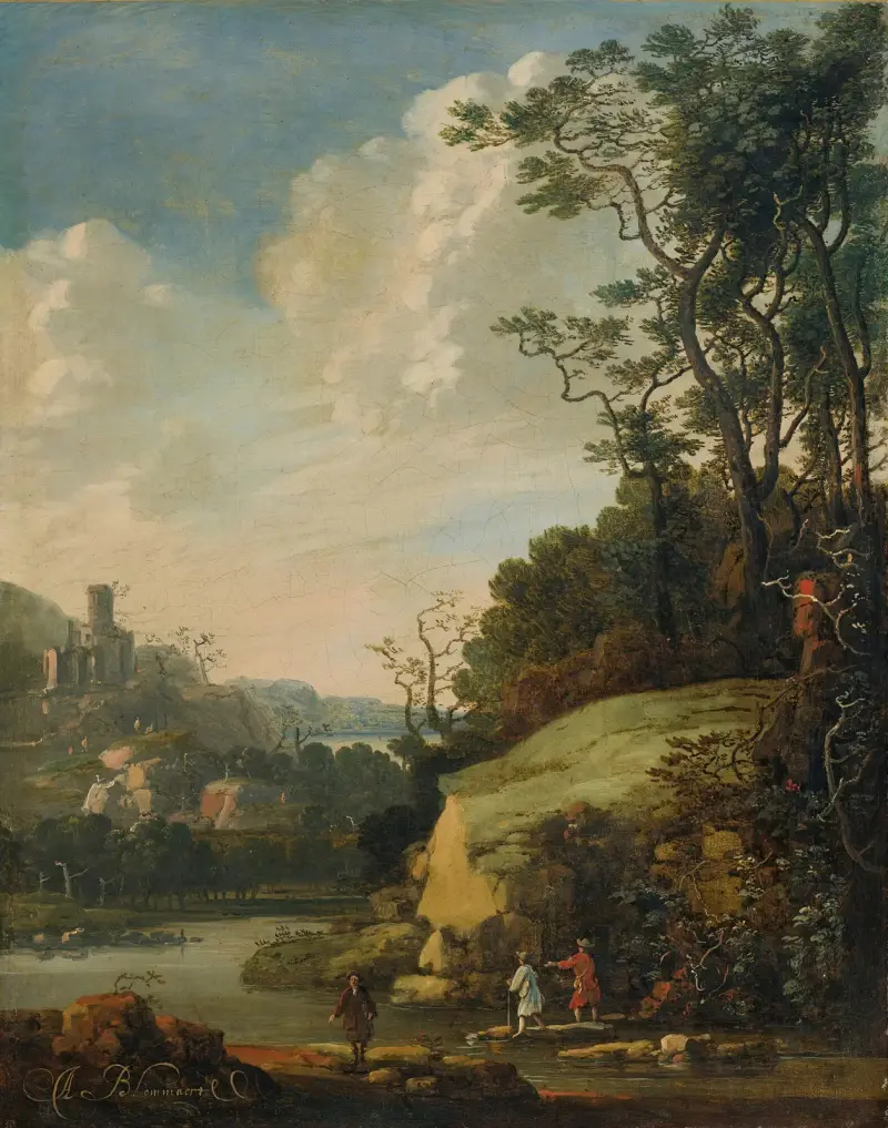 Kuperat landskap med figurer vid en flod av Abraham Bloemaert