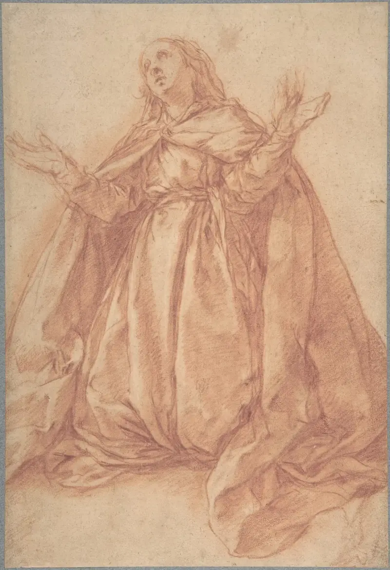 Knäböjande kvinnofigur med uppsträckta armar av Abraham Bloemaert