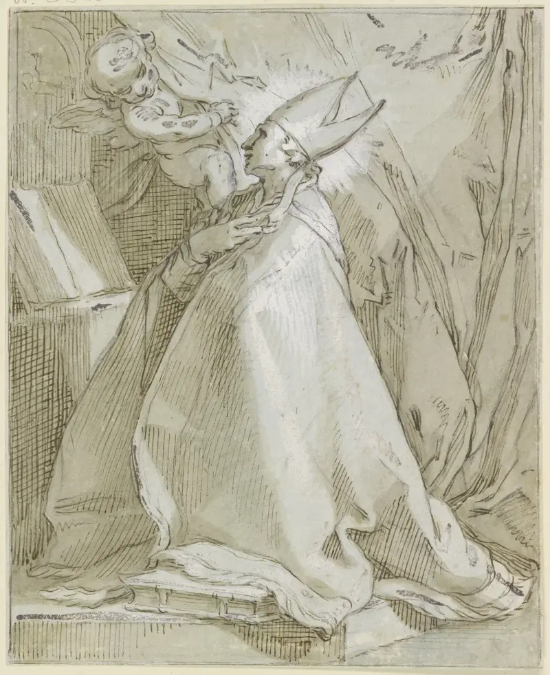 Kniender Bischof vor einem Altar av Abraham Bloemaert