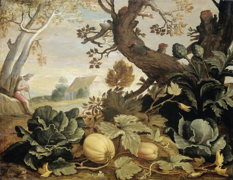 Landskap med frukter och grönsaker i förgrunden av Abraham Bloemaert
