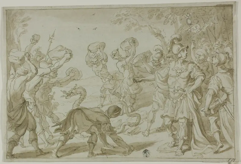 Romerska soldater stenar en orm av Abraham Bloemaert