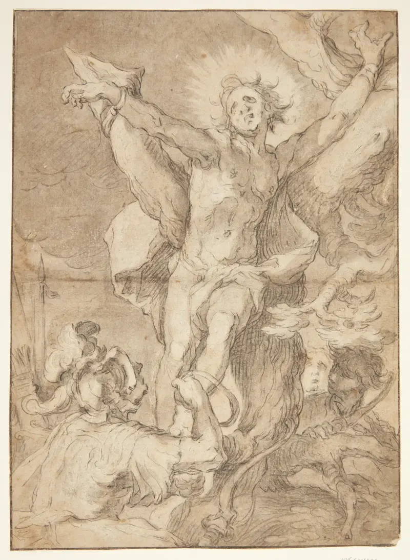 Saint Sebastian is tied to a tree by a Roman soldier av Abraham Bloemaert