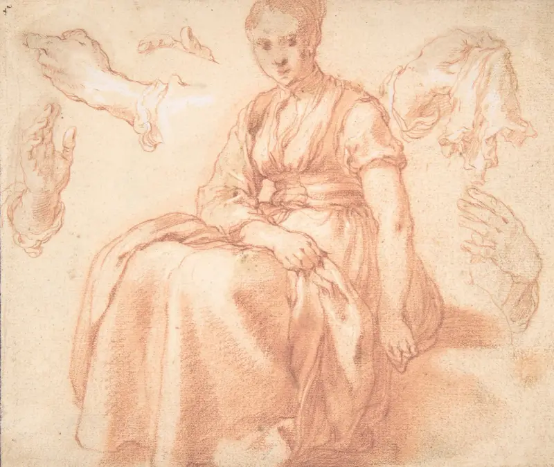 Studie av en sittande kvinna och fem handstudier av Abraham Bloemaert