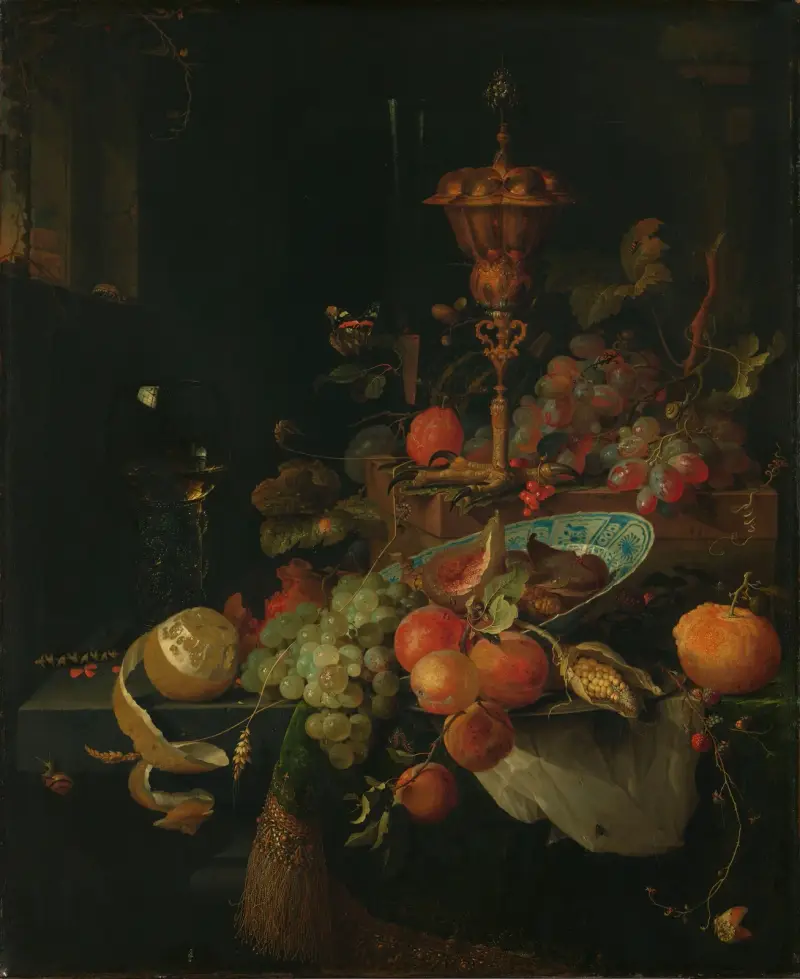 Stilleben med frukt och bägare på tuppfot av Abraham Mignon