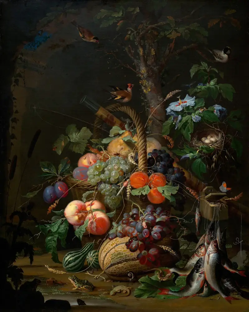 Stillleben mit Früchten,Fischen und Vogelnest av Abraham Mignon