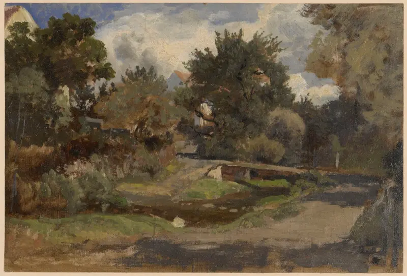 Forest road with buildings in Pełcznica av Adolf Dressler