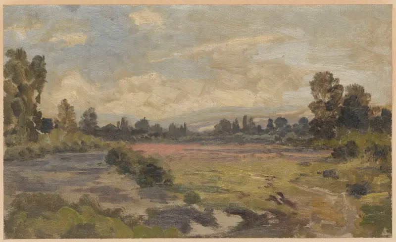 Landscape with a river and view of the Jesenik range av Adolf Dressler