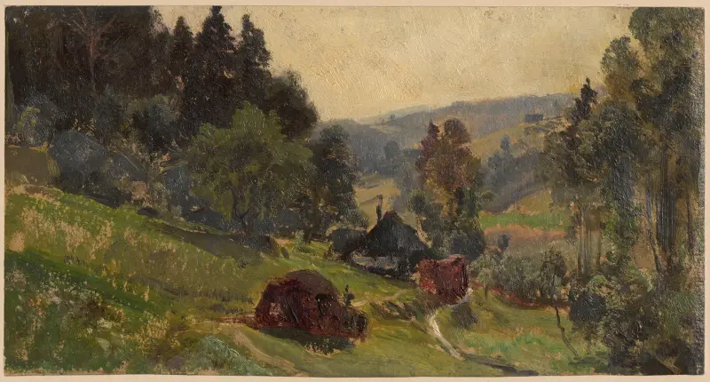 Mountain valley with a path leading towards a farm in Przesieka av Adolf Dressler