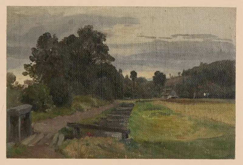 Utsikt mot ett hus och en träbro i Pełcznica av Adolf Dressler
