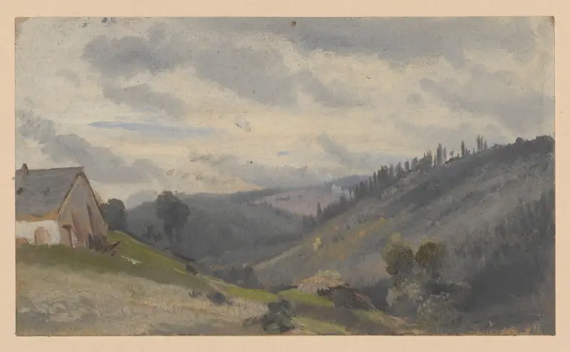 View of Przesieka behind a barn on the slope av Adolf Dressler