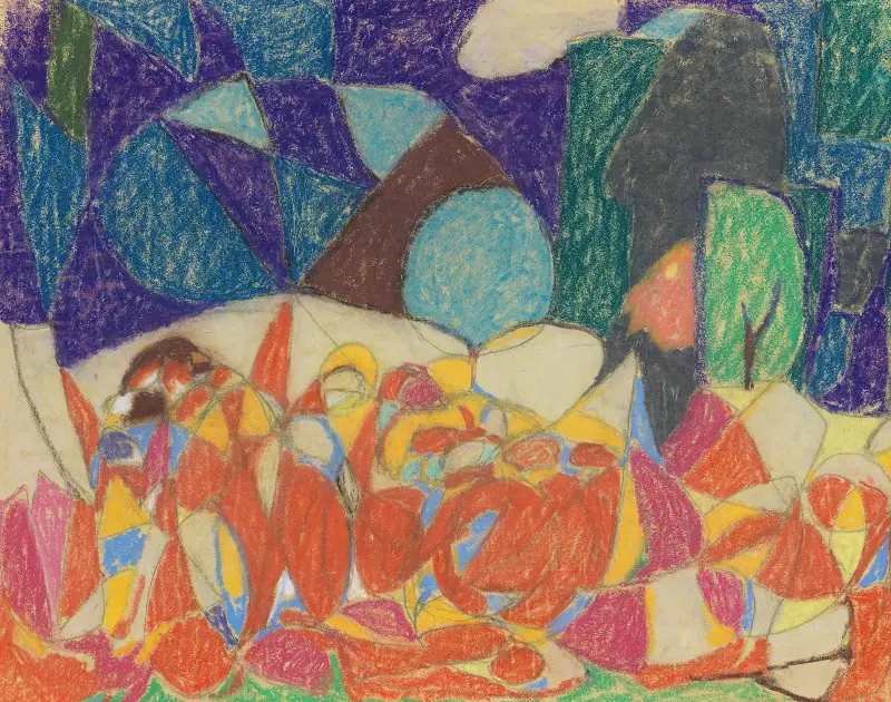 Figurengruppe unter lila-grünen Formen av Adolf Hölzel