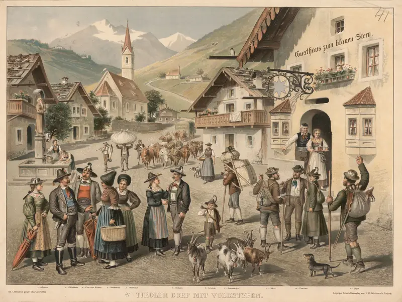 Tiroler Dorf mit Volkstypen av Adolf Lehmann