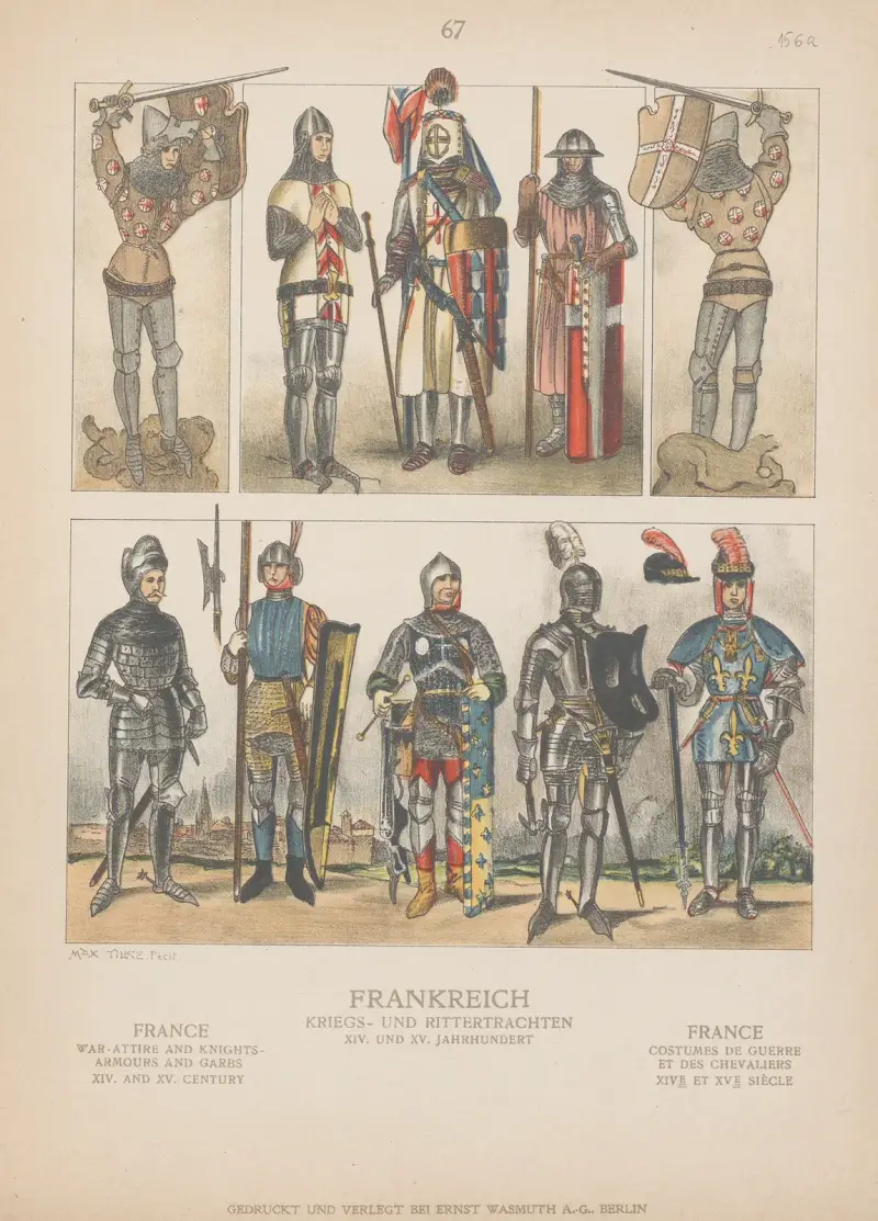 Frankrike; krigsdräkter och riddarrustningar samt kläder; 1300- och 1400-talet av Adolf Rosenberg