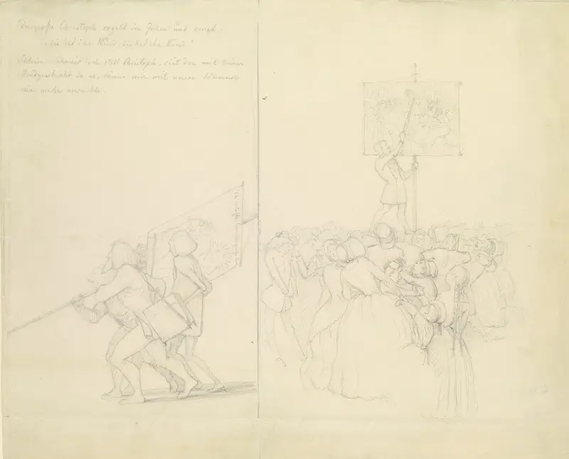 Karikatur aus Anlaß des Ankaufs von Lessings ‘[Hus vor dem Konzil in Konstanz’ durch das Städelsche Kunstinstitut av Adolf Schrödter