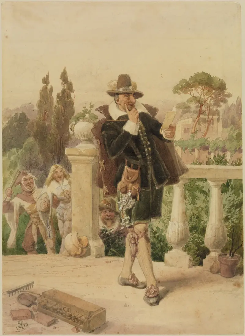 Malvolio läser brevet som hittats i trädgården av Adolf Schrödter