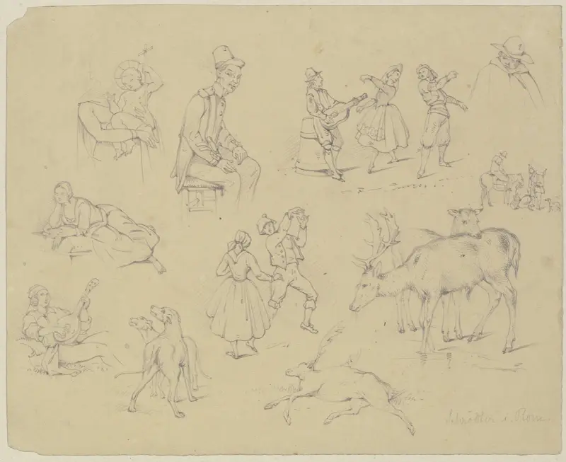 Studienblatt; Madonna und Kind, Szenen aus dem italienischen Volksleben, Hunde und Hirsche av Adolf Schrödter
