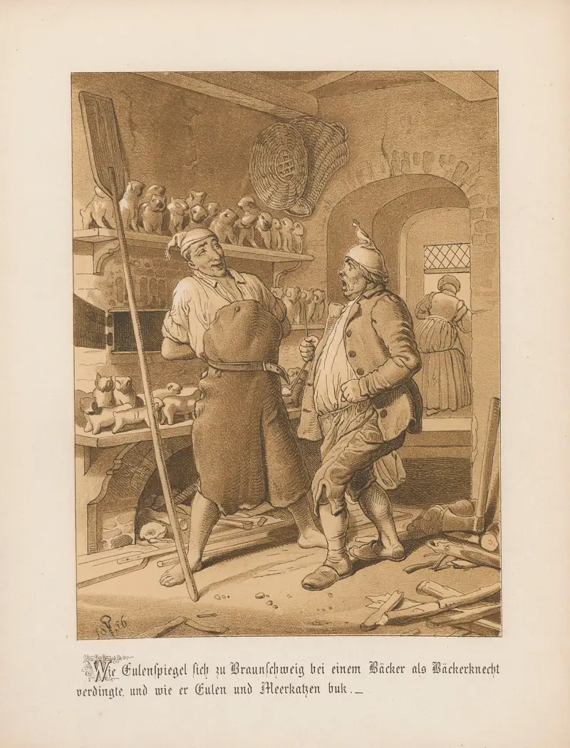 Hur Eulenspiegel tog tjänst som bagargesäll hos en bagare i Braunschweig, och hur han bakade ugglor och markattor av Adolf Schrödter