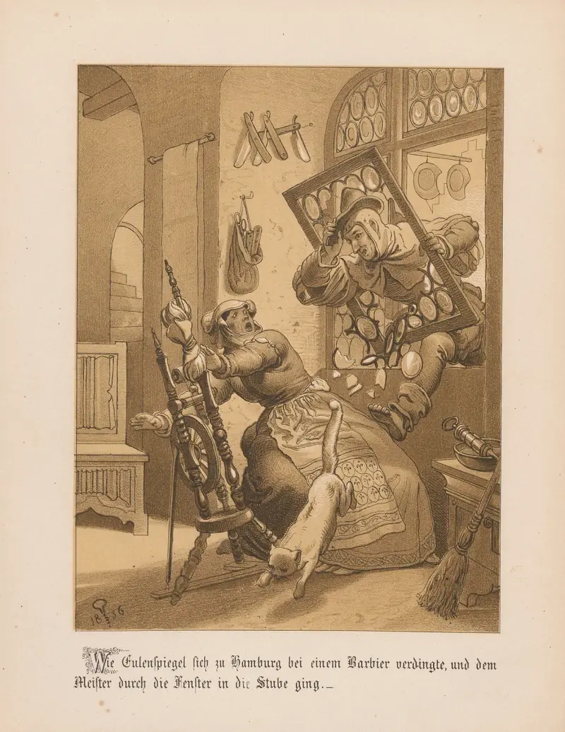 Wie Eulenspiegel sich zu Hamburg bei einem Barbier verdingte, und dem Meister durch die Fenster in die Stube ging av Adolf Schrödter