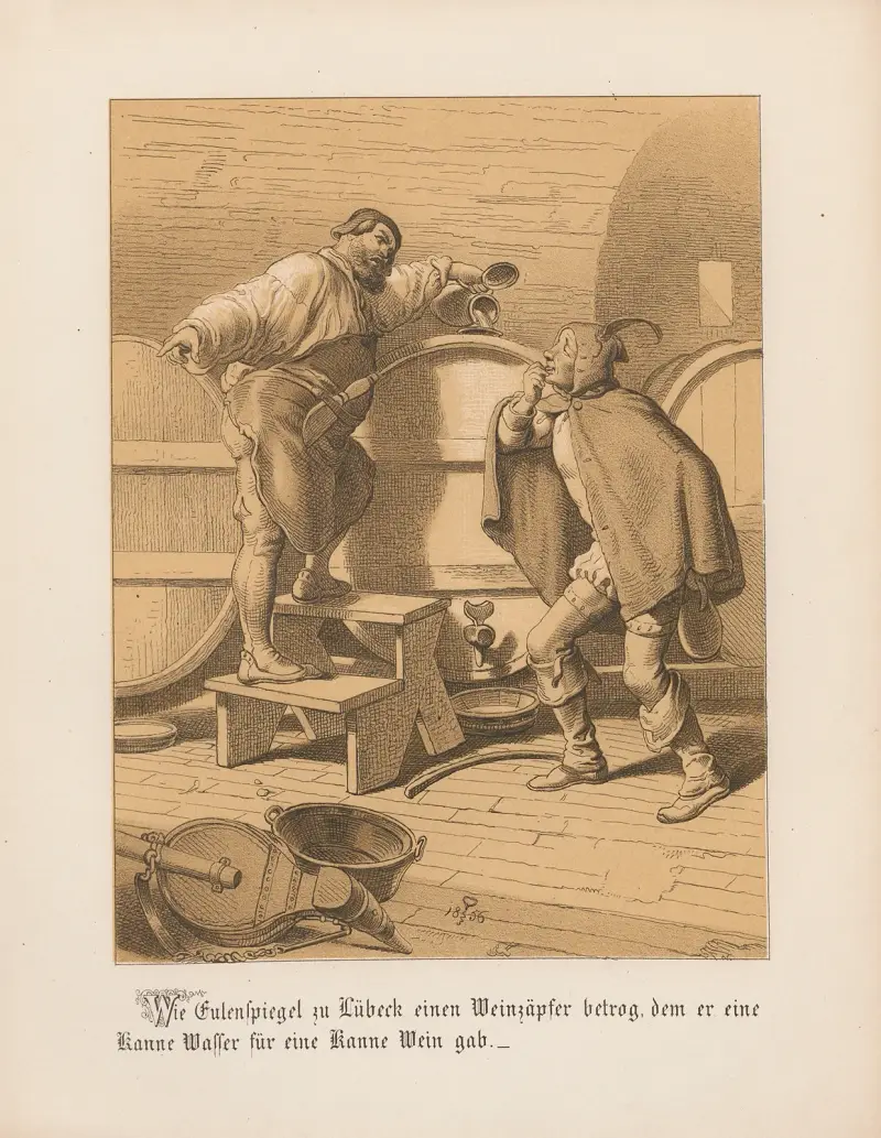 Wie Eulenspiegel zu Lübeck einen Weinzäpfer betrog, dem er eine Kanne Wasser für eine Kanne Wein gab av Adolf Schrödter