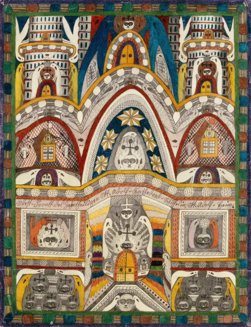 West=Frontt des Zehntheiligen Skt. Adolf=Kathedral=Schiffes in, Skt. Adolf=Heim av Adolf Wölfli