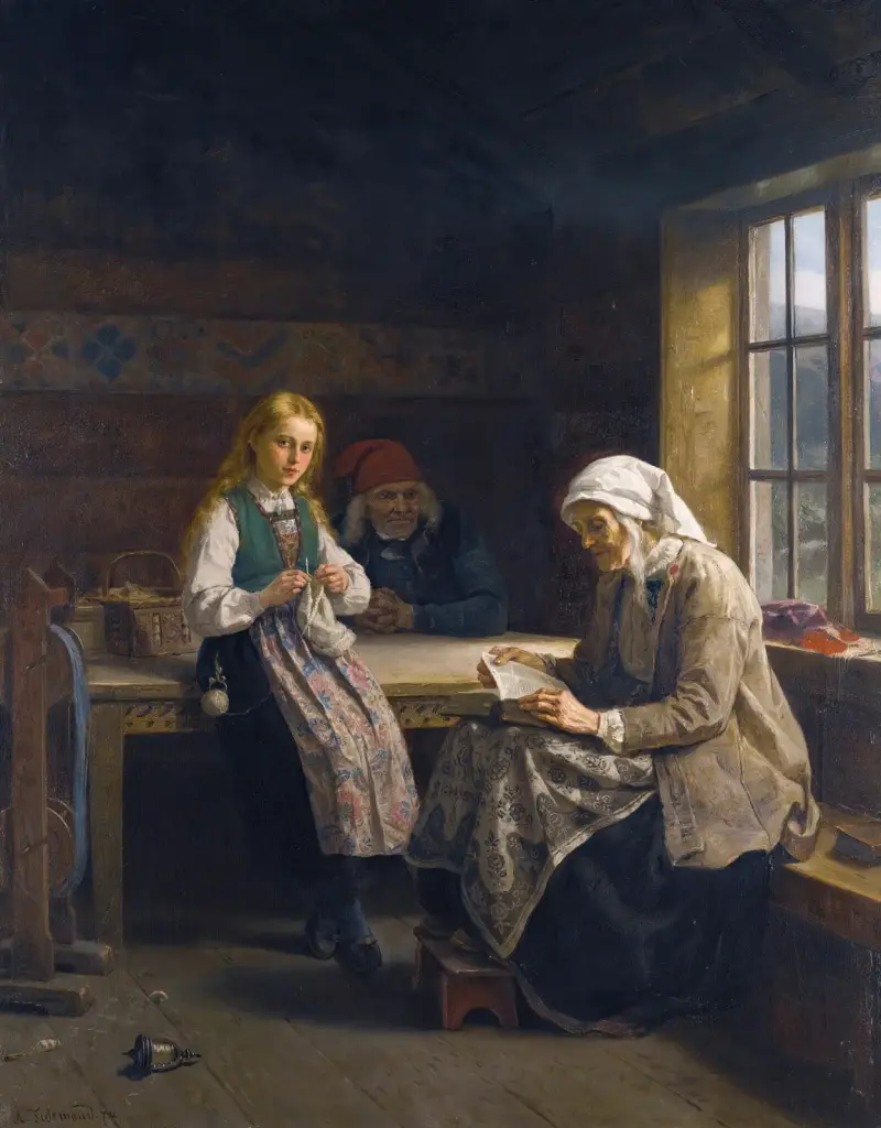 A Hardanger Interior, Young Girl Knitting av Adolph Tidemand