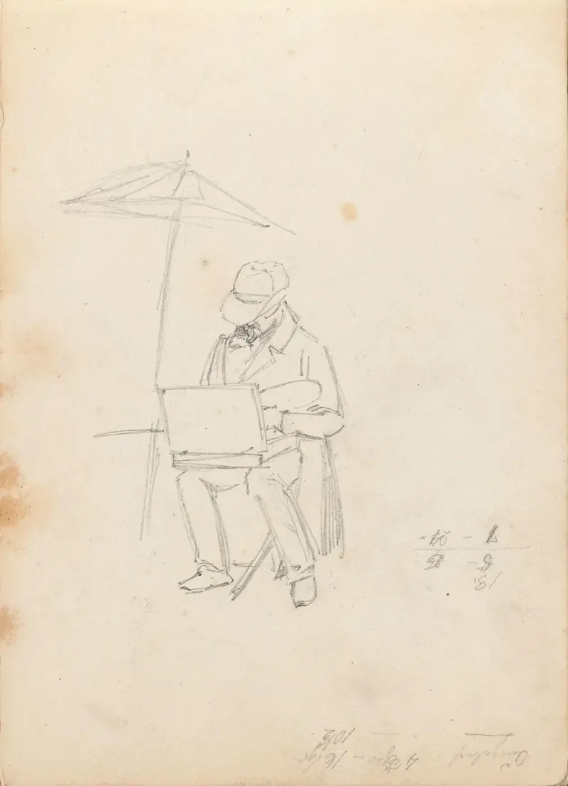 Konstnär under parasoll (troligen 1838 eller 1839) av Adolph Tidemand