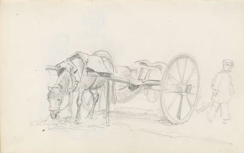 Boy by horse and cart av Adolph Tidemand